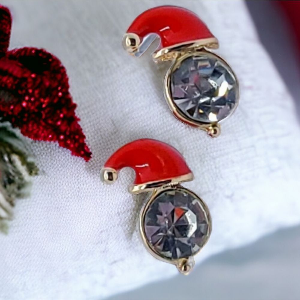 Holiday Earrings 🎄Santa Hat CZ Festive Christmas Gold Enamel Stud Post Jewelry